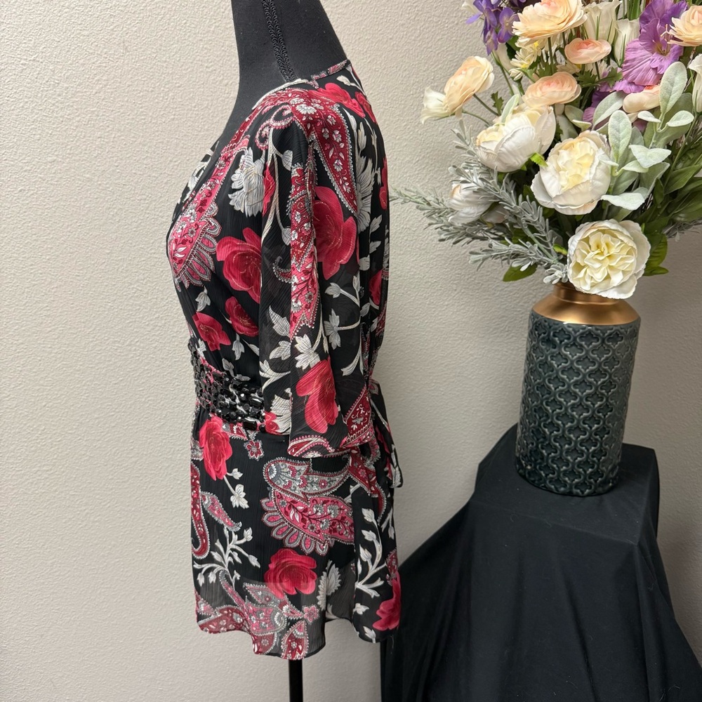 Apt. 9 Black Red Paisley Floral Beaded Waist Blouse L Dressy Boho Top - Picture 3 of 7